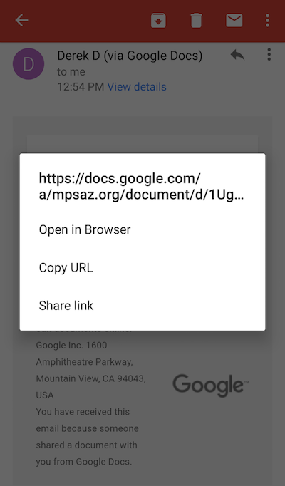 Screenshot of URL on Android
