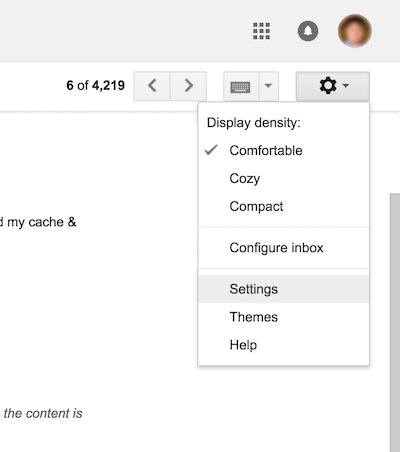 Settings dropdown in Gmail